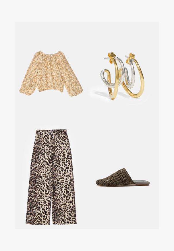 Leichte, beige Bluse mit einem abstrakten wellenförmigen Muster in dunkleren Farbtönen. Sie hat einen gerafften Ausschnitt und voluminöse, elastische Ärmel.; Leopardenmusterweite Hose aus Baumwollmischung. Mit hoher Taille, Knopfverschluss und Vordertaschen. Farbpalette umfasst Beige und Schwarz.; Brauner gewebter Slipper-Mule mit flacher Sohle und geschlossenem, rundem Zehenbereich auf weißem Hintergrund.; Gold- und Silber-verwobene Creolen mit glatten, glänzenden Oberflächen; mit einem Steckverschluss für sicheren Sitz.