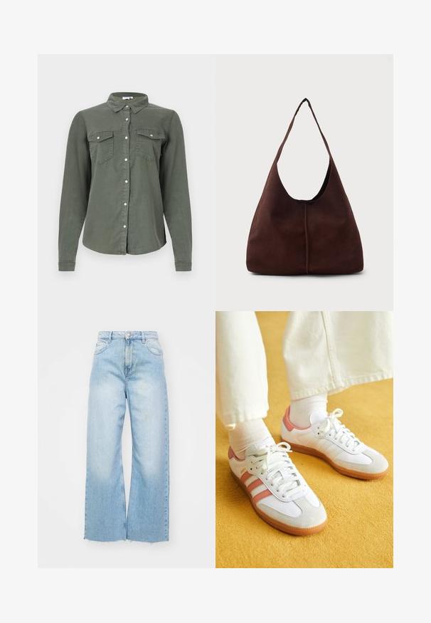 Mørkegrønt skjorte med lange ærmer, to brystlommer, blødt stof og et klassisk kravedesign. Har hvide knapdetaljer.; Lyseblå vidde jeans lavet af denim, med høj talje, falmede detaljer, knaplukning og rå kant i bunden.; Hvide sportsko med lyserøde accenter, lavet af ruskind og læder, rund tå og gummisål, vist med lyse sokker på en gul baggrund.; Brun suedette hobo taske med en stor, buet åbning og en bred skulderrem. Har en centreret søm på forsiden. Glat tekstur.