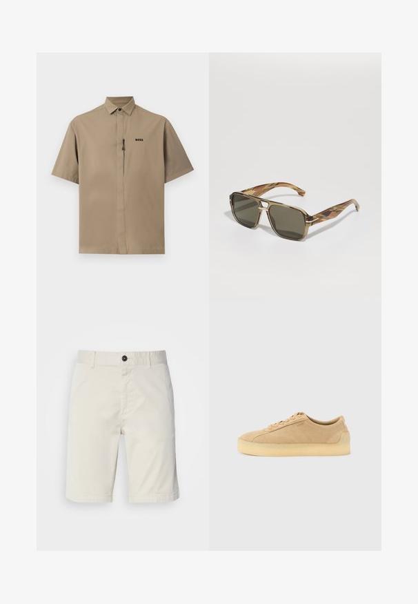 Camisa beige de manga corta con cuello en punta, cierre delantero con cremallera oculta y logo "BOSS" en el pecho izquierdo.; Shorts de color beige claro fabricados en algodón, con cierre de botón, bolsillos delanteros y dobladillo cosido. Textura suave con un diseño casual.; Zapatilla baja de ante beige con suela gruesa de goma, cierre delantero de cordones y sutil marca lateral sobre un fondo gris claro liso.; BOSS Gafas de sol - brown