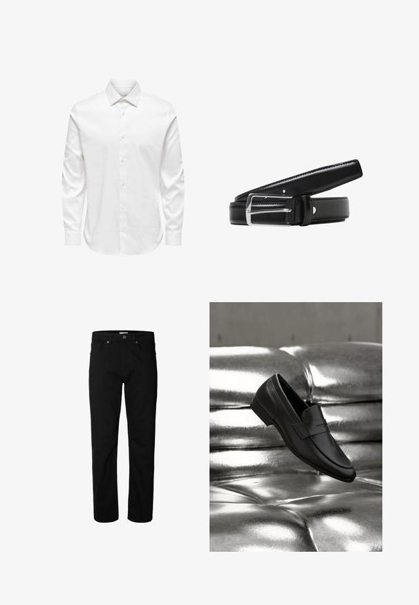 Weißes Herrenhemd mit langen Ärmeln, spitzem Kragen und einer vorderen Reihe weißer Knöpfe auf einfarbigem Hintergrund.; Schwarze Jeans mit geradem Bein, Knopf- und Reißverschluss, Gürtelschlaufen und Taschen vorne und hinten, vor weißem Hintergrund dargestellt.; Schwarzer Ledermokassin-Schuh, positioniert über einem glänzenden metallisch silbernen, gesteppte Kissen Hintergrund.; Schwarzer Leder-Gürtel mit einer glänzenden silbernen Metallschnalle, glatter Textur und mehreren Einstelllöchern entlang des Riemens.