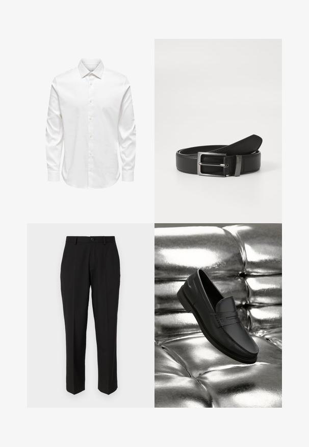 Chemise blanche pour homme à manches longues avec col pointu et rangée avant de boutons blancs sur fond uni.; Pantalon noir en tissu lisse, présentant une coupe droite, des poches avant, un bouton simple de fermeture et sans motifs visibles.; Mocassins en cuir noir à texture lisse, avec des détails de couture et un design classique, présentés sur un fond métallique et brillant.; Ceinture en cuir noir avec une boucle en métal argenté, présentant une finition lisse et un design classique. La ceinture est soigneusement pliée.