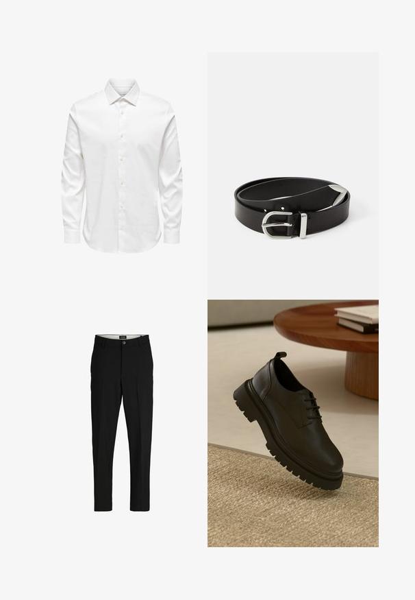 Camisa de vestir blanca para hombre de manga larga con cuello puntiagudo y fila frontal de botones blancos sobre un fondo liso.; Pantalones negros de tela suave, con un diseño ajustado, piernas rectas, dos bolsillos frontales y cierre de un solo botón.; Zapato de cuero negro con una superficie texturizada, punta redonda, diseño de cordones y una suela de goma negra gruesa. Flotando sobre una alfombra de yute.; Cinturón de piel negra con una hebilla de metal plateado, que presenta un diseño clásico y una textura suave. Incluye agujeros para ajuste.