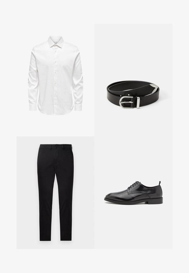Wit herenshirt met lange mouwen, een puntige kraag en een rij witte knopen aan de voorkant op een effen achtergrond.; Zwarte slim-fit broek met knoop- en ritssluiting, riemlussen en zonder zichtbare zakken, getoond tegen een witte achtergrond.; Zwarte leren dresschoenen met een gladde afwerking, ronde neus en vetersluiting. Voorzien van een laag profiel zwarte rubberen zool en een kleine hak.; Zwarte leren riem met een zilveren metalen gesp, met een klassiek ontwerp en een gladde textuur. Inclusief gaatjes voor verstelbare pasvorm.