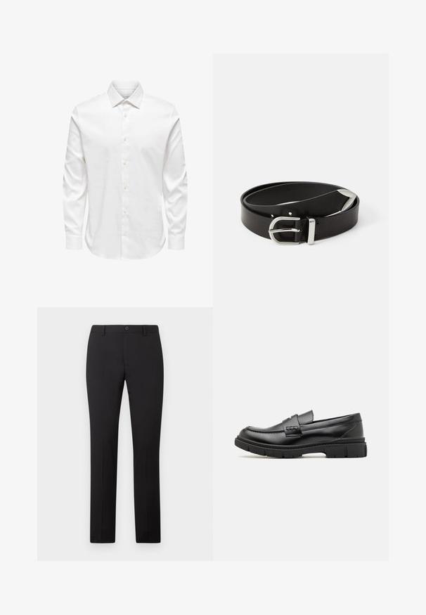 Camisa de vestir blanca para hombre de manga larga con cuello puntiagudo y fila frontal de botones blancos sobre un fondo liso.; Pantalones negros a medida con diseño de pierna recta, con cierre de botón y trabillas para cinturón. Hechos de tela suave sin patrones visibles.; Mocasin de cuero negro con una cinta ancha en el empeine, suela de goma con tacos gruesos y textura suave. Diseño clásico y elegante.; Cinturón de piel negra con una hebilla de metal plateado, que presenta un diseño clásico y una textura suave. Incluye agujeros para ajuste.