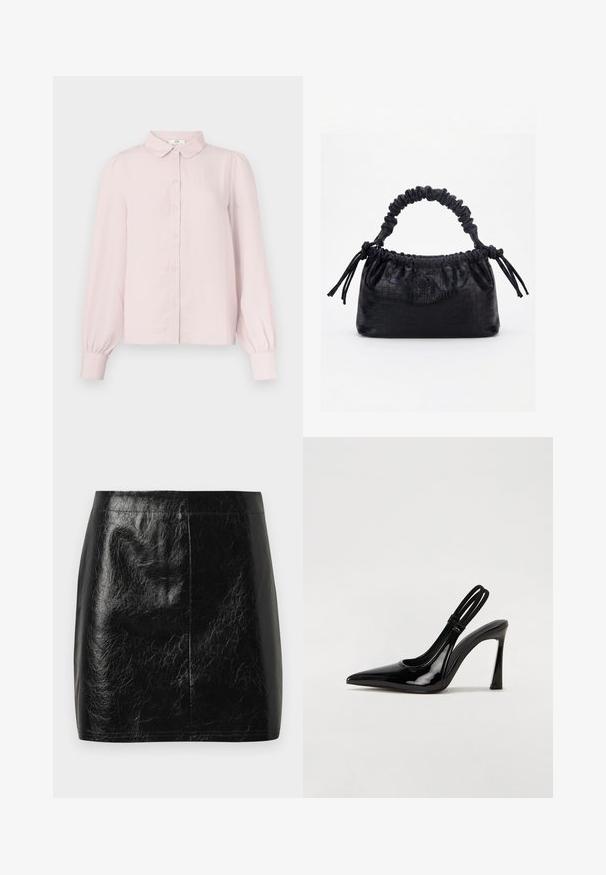 Chemise rose pâle à manches longues avec col, boutonnage frontal et manches froncées, confectionnée dans un tissu doux à la texture lisse.; Jupe mini en cuir synthétique noir avec une texture lisse et brillante, présentant une coupe droite et des coutures minimales au niveau de la taille.; Escarpin en cuir verni noir à talon aiguille, à bout pointu, avec une sangle élastique double pour un maintien sécurisé. Surface lisse et brillante.; Sac à main noir avec texture crocodile, bord supérieur froncé, poignée plissée et pompons à cordon de chaque côté sur fond blanc.