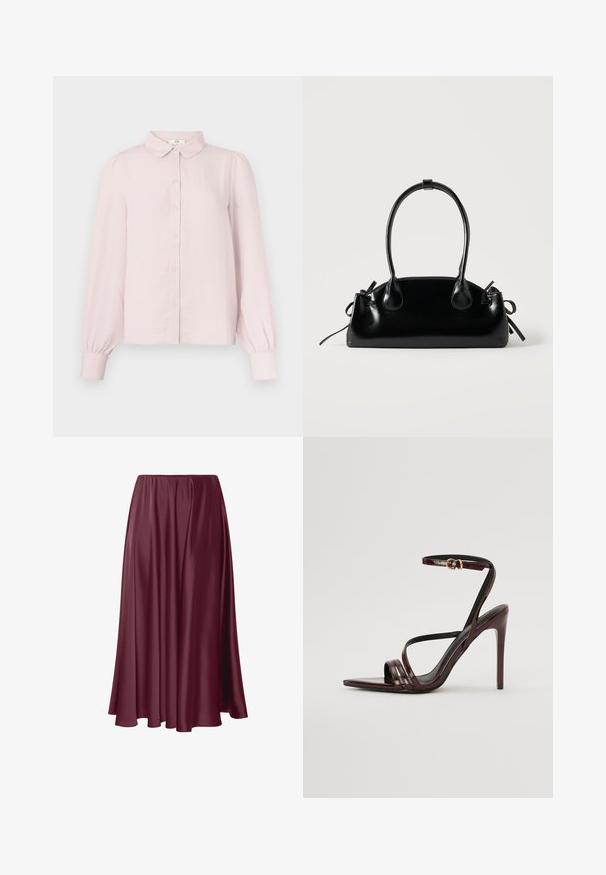 Chemise rose pâle à manches longues avec col, boutonnage frontal et manches froncées, confectionnée dans un tissu doux à la texture lisse.; Jupe longue bourgogne en tissu lisse et brillant avec un design fluide et une taille élastique. Pas de motifs ni d'accents présents.; Sandale à talons hauts en cuir verni bourgogne avec une bride de cheville, bout pointu et trois bandes horizontales sur le pied. Détail de boucle dorée.; Petit sac à main noir brillant avec deux longues anses et des détails à cordon sur les côtés sur un fond clair uni.
