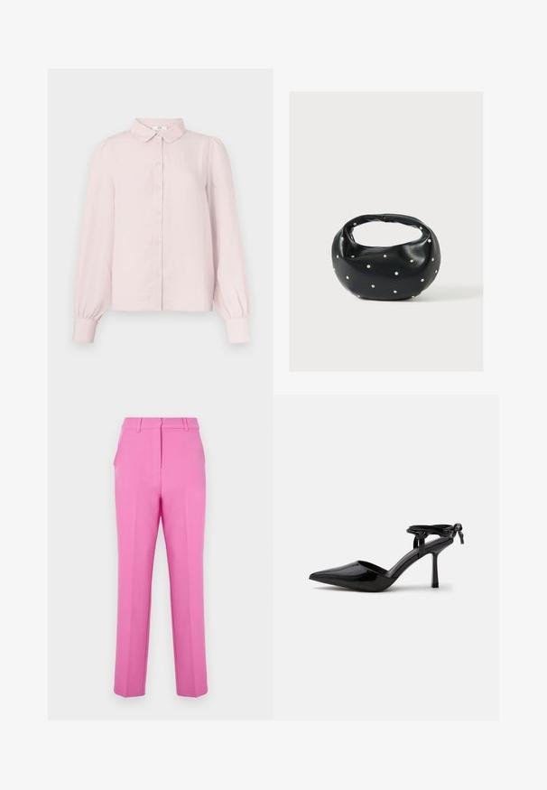 Chemise rose pâle à manches longues avec col, boutonnage frontal et manches froncées, confectionnée dans un tissu doux à la texture lisse.; Pantalons tailleur roses avec une texture lisse, devant plat et poches latérales. Présentent une coupe droite et des passants de ceinture.; Chaussure à talon haut en cuir verni noir avec bout pointu et bride de cheville nouée à l'arrière, présentée sur un fond blanc uni.; Sac à main en cuir noir de forme arrondie, décoré de clous argentés et équipé d'une poignée courte. Texture lisse et fermeture éclair.