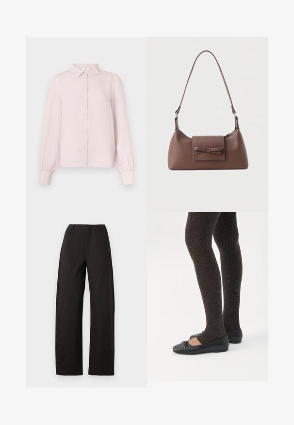 Chemise rose pâle à manches longues avec col, boutonnage frontal et manches froncées, confectionnée dans un tissu doux à la texture lisse.; Pantalon large noir, avec une taille haute, une coupe droite et une texture lisse. Pas de motifs visibles ni de détails en métal.; Jambes portant des leggings côtelés foncés associés à des ballerines noires avec de petits détails en nœud sur fond blanc.; Sac à bandoulière en cuir marron avec une poche à rabat avant ornée d'un détail en forme de nœud cousu et une sangle réglable.