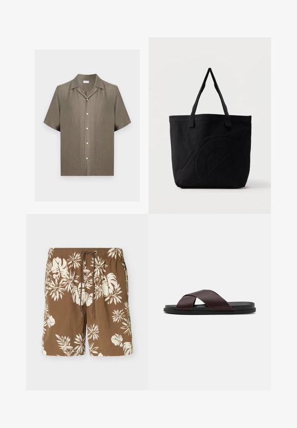 Chemise à manches courtes boutonnée en lin beige avec col camp, cinq boutons devant et coupe décontractée.; Short de bain marron avec imprimé floral tropical blanc et taille ajustable avec cordon.; Sandale à glissière à lanières croisées de couleur marron, dotée d'une finition mate, d'une semelle noire plate et d'une texture lisse. Design minimaliste sans matériel visible.; Sac fourre-tout en toile noire avec deux bandoulières et un motif circulaire discret en relief sur le devant.