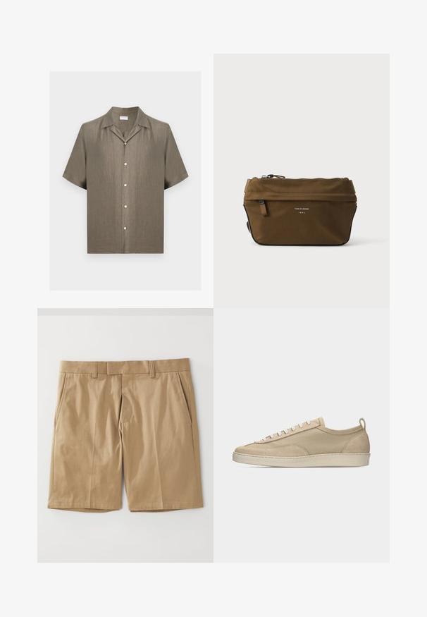 Chemise à manches courtes boutonnée en lin beige avec col camp, cinq boutons devant et coupe décontractée.; Shorts kaki avec une texture lisse et tissée, dotés de deux poches latérales et d'une coupe droite, conçus avec une taille plate et des passants de ceinture.; Baskets beige basses avec tige en tissu et daim, lacets blancs, semelle en caoutchouc et languette à l'arrière, présentées en profil latéral sur fond blanc.; Trousse rectangulaire marron à fermeture éclair, avec petite poche avant et texte "Tiger of Sweden 1903" sur le devant.