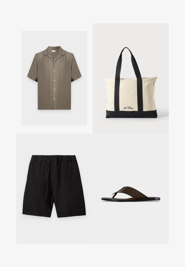 Chemise à manches courtes boutonnée en lin beige avec col camp, cinq boutons devant et coupe décontractée.; Shorts noirs décontractés avec taille élastique et cordon, longueur genou, en tissu léger.; Sandale tong en cuir marron foncé avec une large sangle à la cheville et une semelle plate noire, montrée de profil sur fond gris.; Sac fourre-tout en toile avec longues anses noires, bordure noire en bas et poche avant avec logo "Les Deux" en écriture noire.