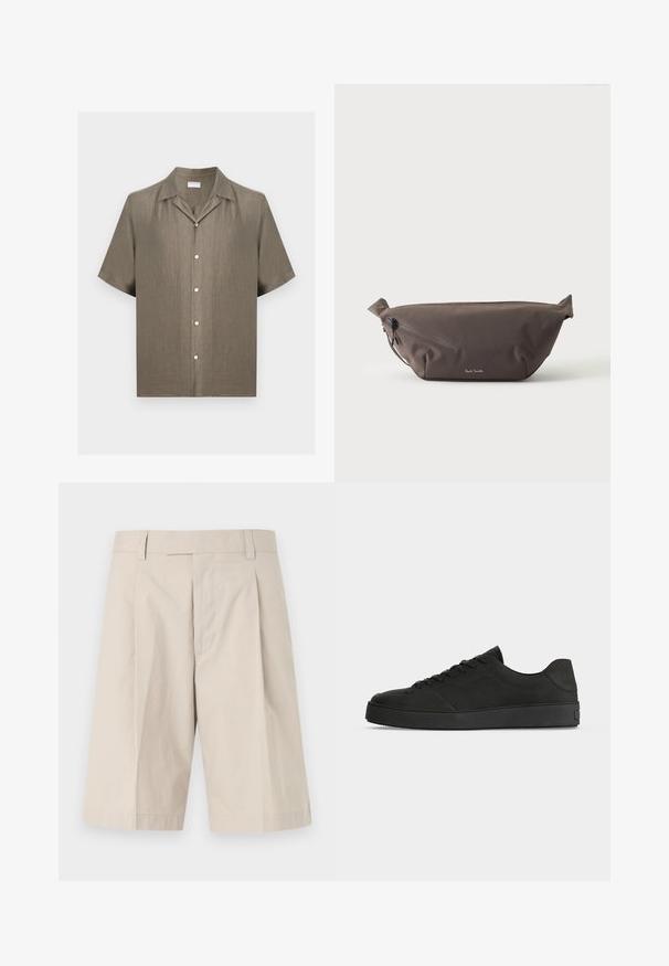Chemise à manches courtes boutonnée en lin beige avec col camp, cinq boutons devant et coupe décontractée.; Shorts beige arrivant aux genoux avec passants pour ceinture, braguette zippée à l'avant et un pli sur chaque jambe.; Baskets basses noires avec un design à lacets et une semelle épaisse, vues de côté sur un fond clair uni.; Sac banane en tissu marron foncé avec poche zippée en diagonale et petit logo blanc sur le devant, sur un fond clair uni.