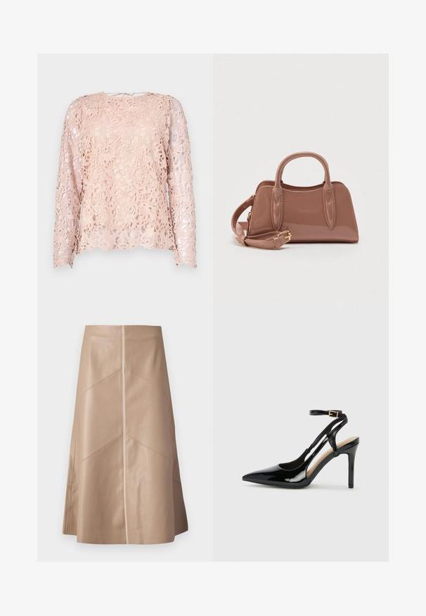 Spitzenoberteil mit langen Ärmeln in zartem Rosa. Blumenmuster mit feinen Details, transparenten Abschnitten, Rundhalsausschnitt und gewelltem Saum.; Beige Kunstleder A-Linien-Rock mit subtilen Paneldetails und glatter matter Oberfläche, knielang und hochgeschnitten.; Schwarze Patentleder-High-Heel-Slingback-Pumps mit spitzem Zeh, verstellbarem Knöchelriemen und offenen Seiten. Glatte Textur.; Glänzende rosafarbene Handtasche mit zwei oberen Griffen, einem abnehmbaren Schulterriemen und dekorativen Ziernähten. Kompakte, strukturierte Form.