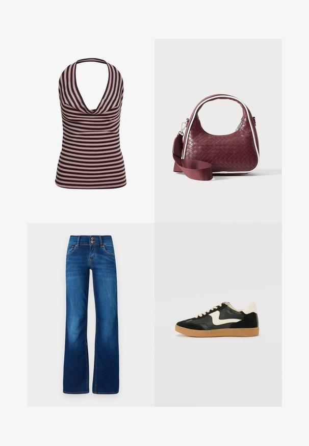 Top sin mangas con cuello halter y rayas horizontales en negro y rosa polvoriento, con escote drapeado.; Jeans de pernera ancha en denim azul, con dos botones frontales, costuras naranjas y una textura suave. Diseño clásico de cinco bolsillos.; Zapatillas de deporte de ante y cuero negro con un swoosh lateral en crema y un talón en crema claro. Presenta cordones beige y una suela de goma marrón.; Bolso de mano de cuero tejido color granate con asa curva, ribete blanco, cremallera plateada y correa desmontable de tela ancha para el hombro sobre fondo liso.