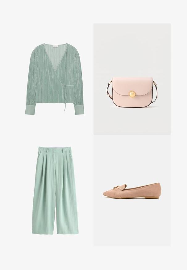 Lichtgroene wikkelblouse van geplooid stof met een V-hals, lange mouwen en een strikdetail in de taille. Bevat een soepele manchette.; Lichtgroene wijde broek met een hoge taille, voorplooien, riemlussen en zijzakken, getoond tegen een witte achtergrond.; Lichtroze suède ballerina's met een spitse neus, voorzien van een omslagdetail en een goudkleurige gesp als accent. Lage, platte zool. Gladde textuur.; Lichtroze leren crossbodytas met een afgeronde klep, gouden metalen sluiting met drukknop en een dunne verstelbare riem. Gladde textuur.