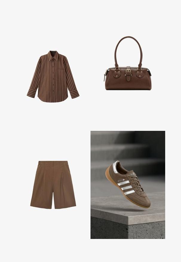 Brun langærmet skjorte med knapper og hvide lodrette striber samt en brystlomme, lagt fladt på en hvid baggrund.; Brune skræddersyede shorts med flad front, pyntesyninger og sidelommer. Fremstillet af et let materiale, der giver en afslappet pasform og med opfoldede kanter.; Brun ruskindssneaker med hvide striber og sølvdetaljer, med tekstureret overdel, snørelukning og gummisål i caramelfarve.; Brun læderhåndtaske med to håndtag, en central spænde-strop og guldfarvede beslag, vist mod en hvid baggrund.