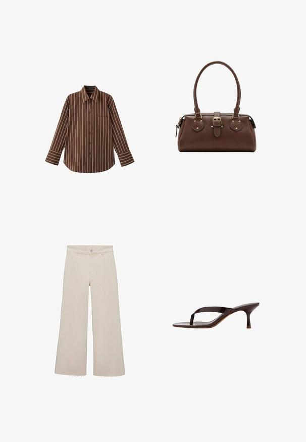 Chemise marron à manches longues avec boutons et rayures verticales blanches, dotée d'une poche poitrine, posée à plat sur un fond blanc.; Jeans beige à jambes larges avec taille haute, en tissu denim. Présente un ourlet brut en bas et une fermeture à boutons et à glissière à l'avant.; Sandale à talon en cuir verni noir avec bride entre les orteils et un talon petit kitten élancé de hauteur moyenne, vue de côté sur fond blanc.; Sac à main en cuir marron avec deux poignées, une sangle centrale à boucle et des ferrures dorées, présenté sur fond blanc.