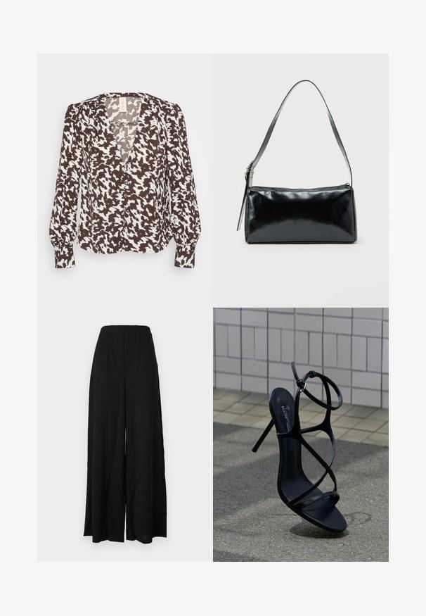Blusa marrón y blanca con estampado, cuello en V, fruncido delantero con botones y mangas largas, ligeramente abullonadas. Tejido suave con una textura lisa.; Pantalones de pierna ancha negros, confeccionados con una tela texturizada, que presentan una cintura alta con pliegues y bordes limpios para una silueta elegante.; Sandalia negra de tacón alto con finas tiras y hebilla en el tobillo, colocada en posición vertical sobre pavimento gris cerca de una pared de azulejos.; Bolso de hombro rectangular negro con una correa ajustable y un cierre de cremallera superior sobre un fondo liso.
