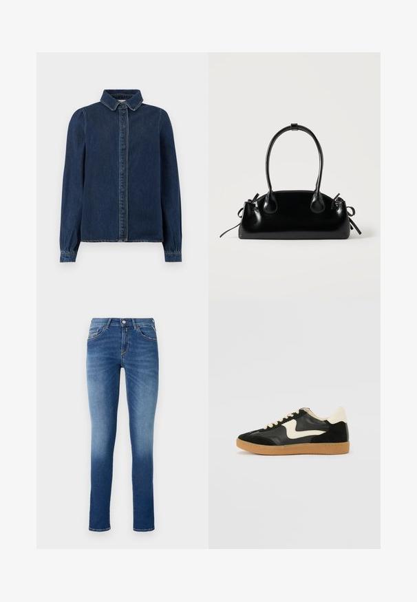 Dunkelblauses Jeanshemd mit klassischem Kragen, Frontknöpfen und langen Ärmeln mit gerafften Manschetten. Verfügt über Kontrastnähte im gesamten Design.; Blaue Jeans aus Denim im Slim-Fit-Schnitt, mit mittelhohem Bund, fünf Taschen und einem leichten Verblassen von Oberschenkel bis Saum.; Schwarze Wildleder- und Leder-Sneaker mit einem cremefarbenen Seiten-Swoosh und einer hellcremefarbenen Ferse. Ausgestattet mit beige Schnürsenkeln und einer Gummilaufsohle.; Kleine schwarze glänzende Handtasche mit zwei langen Griffen und seitlichen Kordelzug-Details vor einfachem hellem Hintergrund.