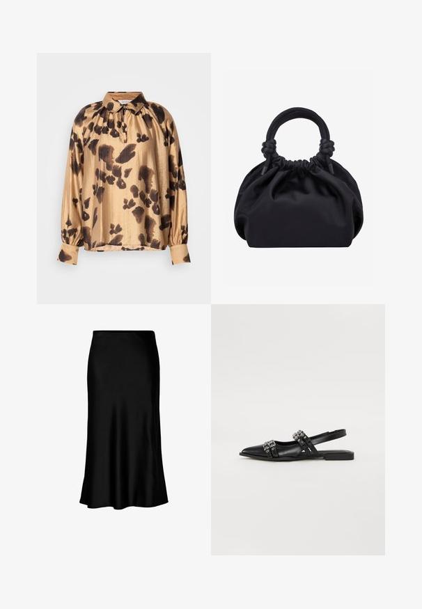 Blouse marron clair avec des motifs abstraits foncés, encolure collée, épaules plissées et manches longues avec poignets boutonnés. Texture lisse.; Jupe midi en satin noir au toucher lisse, avec un ourlet évasé et une taille ajustée, arborant un design simple et classique.; Even&Odd by Zalando Ballerines à brides arrière - black; Sac à main en tissu noir doux avec haut froncé et poignées circulaires rembourrées nouées de chaque côté.