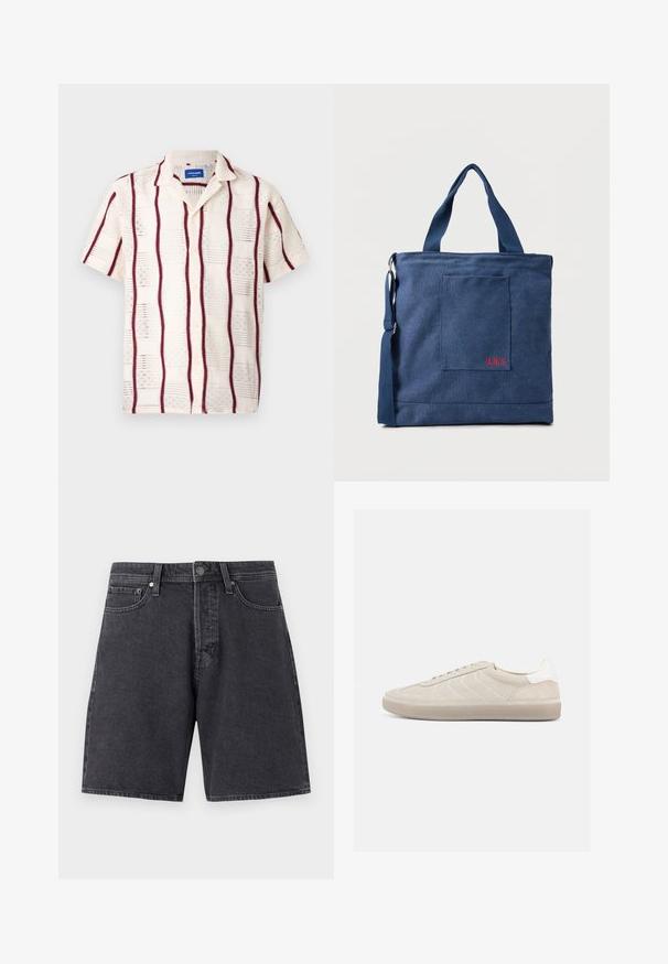 Kortærmet, cremefarvet skjorte med burgunder lodrette striber og et broderet mønster. Knappet front og notch-krave.; Mørkegrå denimshorts med lige snit. Funktioner inkluderer to frontlommer, en baglomme og en metalknaplukning.; Beige ruskindssneaker med en tekstureret overdel, glat hvid hælkappe, tynde snørebånd og en gummi-ydersål. Har et lavt profil design.; Blå lærredstote taske med frontlomme og rød "O.N.S" broderi, med to håndtag og en justerbar skulderrem.