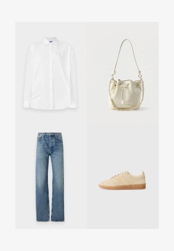 Hvid langærmet skjorte med knapper og klassisk krave, der har et subtilt præget logo mønster og lige kant. Glat stoftekstur.; Lyseblå, høj talje jeans med lige ben, lavet af denimstof. Har klassisk fem-lomme design og sølv hardware.; Beige ruskinds sneaker med rund tå, tonet snørebåndsafslutning og en gummisål i farven gum, der har sidebranding og en glat overflade.; Hvid læder bucket-taske med snørelukning, flettet kæde og læder skulderrem samt guldfarvede øjer.