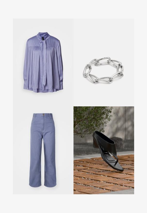 Helle lavendelfarbene Bluse aus glattem, seidigem Stoff. Merkmale einen gebundenen Schleifenkragen und ein plissiertes Design. Lange Ärmel mit gerafften Bündchen.; Hellblaue weite Jeans aus Denim, mit hoher Taille, Vorderknopfverschluss und sichtbaren Nähten an den Taschen und Nähten.; Schwarze High-Heeled Sandale mit Zehensteg, schwebend über einer gemusterten Holz- und Kiesaußenfläche mit verschwommenem Grün und Wand im Hintergrund.; Silberner Metallarmband mit elongated und miteinander verbundenen ovalen Formen, einer glatten, polierten Oberfläche und einem einheitlichen Glanz.
