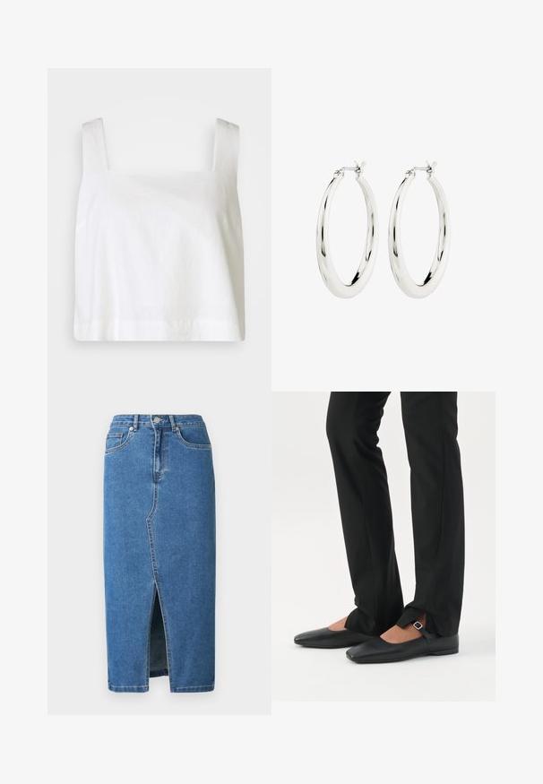 Witte linnen cropped top met een vierkante halslijn, brede schouderbanden en een relaxte pasvorm met een gladde textuur en een nette zoom.; Denim midi-rok in blauw. Voorzien van een voorsplit, een hoge tailleband en een ontwerp met vijf zakken. Klassieke stiksels en metalen hardware accenten.; Benen met zwarte smalle broek met voorsplitten aan de zoom, gecombineerd met zwarte platte Mary Jane-schoenen met een klein gespje.; Zilveren oorbellen in de vorm van een gladde, glanzende ring. Circulaire vorm, voorzien van een veilige sluiting. Eenvoudig en elegant ontwerp.