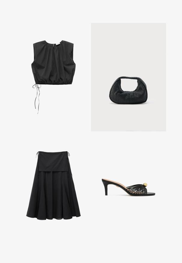 Blouse noire sans manches, courte, avec col froncé et lien coulissant à l'ourlet élastiqué sur fond blanc.; Jupe midi noire en ligne A avec une large ceinture et des liens latéraux, confectionnée dans un tissu léger avec une silhouette fluide et légèrement évasée.; Sandale noire à talon avec un design à brides et un accent rond en or. Le talon est fin et mesure environ 7,5 centimètres de hauteur.; Sac hobo tissé noir avec une structure souple et une poignée intégrée, présenté sur un fond clair uni.