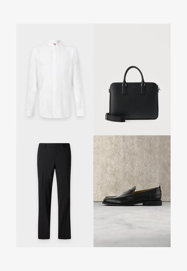Camisa blanca de manga larga con cuello mao y tapeta con botones ocultos, mostrada sobre un fondo claro y liso.; Pantalones negros ajustados con un diseño de pierna recta, que presentan una textura suave, pliegues frontales y una cinturilla clásica para un aspecto formal.; Mocasín de cuero negro para hombre con empeine grabado en relieve de cocodrilo y tacón bajo, mostrado de perfil sobre un fondo neutro.; Maletín de cuero negro con doble asa, correa de hombro desmontable y cierre superior con cremallera, sobre un fondo claro y sencillo.