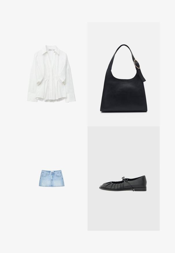 Witte katoenen blouse met kraag, lange mouwen en geplooide details aan de voorkant, die zorgen voor een gestructureerde maar toch ontspannen uitstraling.; Denim mini-jurk in lichtblauw, met een rechte snit, vijf zakken en een knoopsluiting aan de voorkant met riemlussen. Gladde textuur.; Zwarte platte schoen met geplooid voorkantontwerp en een gestrikte strik bovenop, lage hak en gladde textuur op een lichtgrijze achtergrond.; Zwarte leren tote bag met een gladde textuur, ronde vorm en een enkele schouderband met een ronde gouden hardware accent.