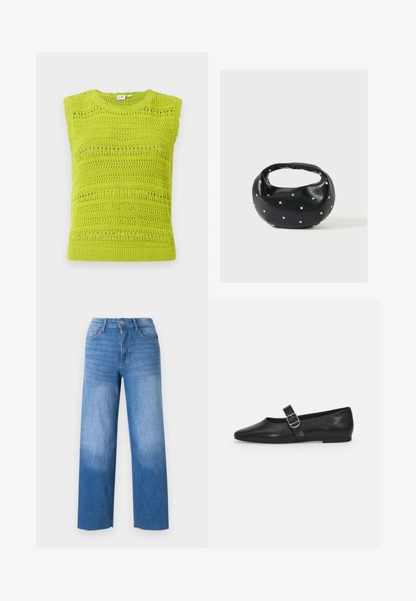 Débardeur en maille sans manches de couleur vert lime vif avec des motifs texturés et des détails en ajouré. Présente un col rond et un ourlet côtelé.; Jean en denim bleu clair à jambe large, avec cinq poches, un zip sur le devant et un léger délavage sur les cuisses. Finitions propres.; Chaussure plate en cuir noir avec un bout arrondi, une seule sangle réglable à boucle et une texture lisse et brillante. Design minimaliste avec un petit talon.; Sac à main en cuir noir de forme arrondie, décoré de clous argentés et équipé d'une poignée courte. Texture lisse et fermeture éclair.