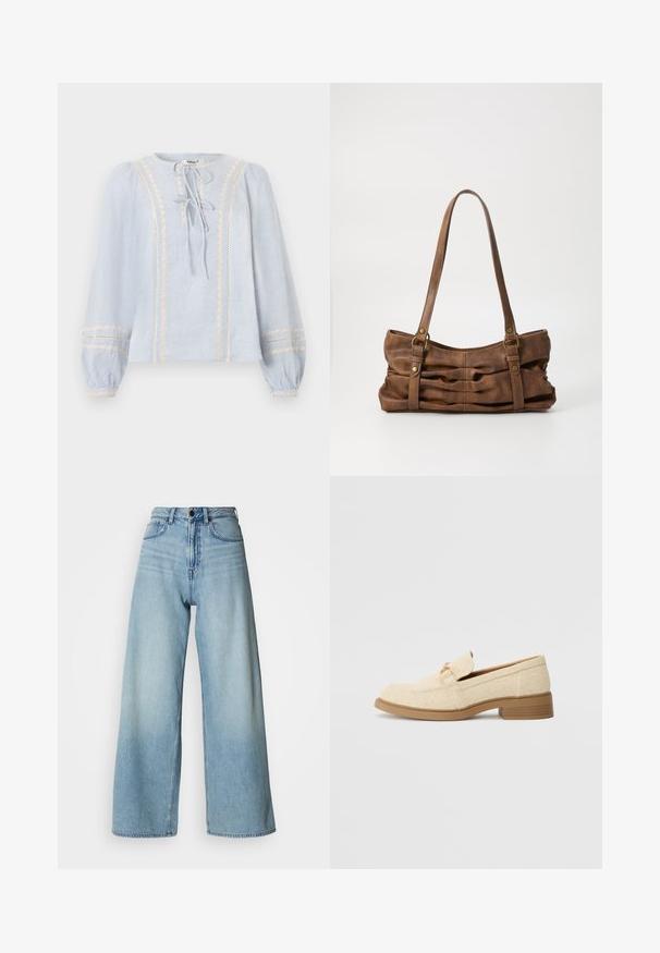 Blouse bleu clair à manches longues avec une bordure en dentelle crème verticale, deux fermetures à nouer à l'avant et des poignets élastiques ornés de dentelle assortie.; Jean bleu clair de style taille haute à jambes larges, en denim, avec un design à cinq poches et un délavage subtil pour la texture.; Mocassins en textile beige avec un petit talon bloc, présentant un design cousu et un accent décoratif en métal doré sur le dessus.; Even&Odd by Zalando Sac à main - brown