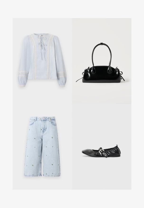 Lyseblå langærmet bluse med lodret cremefarvet blonderkant, to bindelukninger foran og elastiske manchetter med matchende blondeudsmykning.; Lysvasket denimshorts med blomsterbroderi, der inkluderer margueritter og grønne blade. Klassisk fem-lomme design og en frynset kant.; Sorte læder flade sko med spids tå, samling detaljer omkring åbningen, og en sølv spænde accent på den justerbare rem.; Lille sort blank håndtaske med to lange håndtag og snøre-detaljer i siden på en ensfarvet lys baggrund.