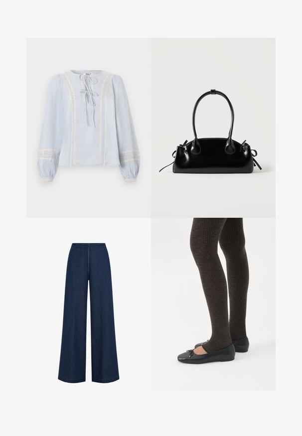 Lichtblauwe blouse met lange mouwen, verticale crèmekleurige kanten bies, twee sluitingen aan de voorkant met strik, en elastische boorden met bijpassende kantdetails.; Brede donkerblauwe jeans met een rechte snit, gemaakt van denim. Heeft een hoge tailleband en subtiele naden. Geen zichtbare hardware.; Benen met donkere geribbelde leggings gecombineerd met zwarte ballerina's met kleine strikdetails op een witte achtergrond.; Kleine zwarte glanzende handtas met twee lange hengsels en zijkant trekkoord details op een effen lichte achtergrond.