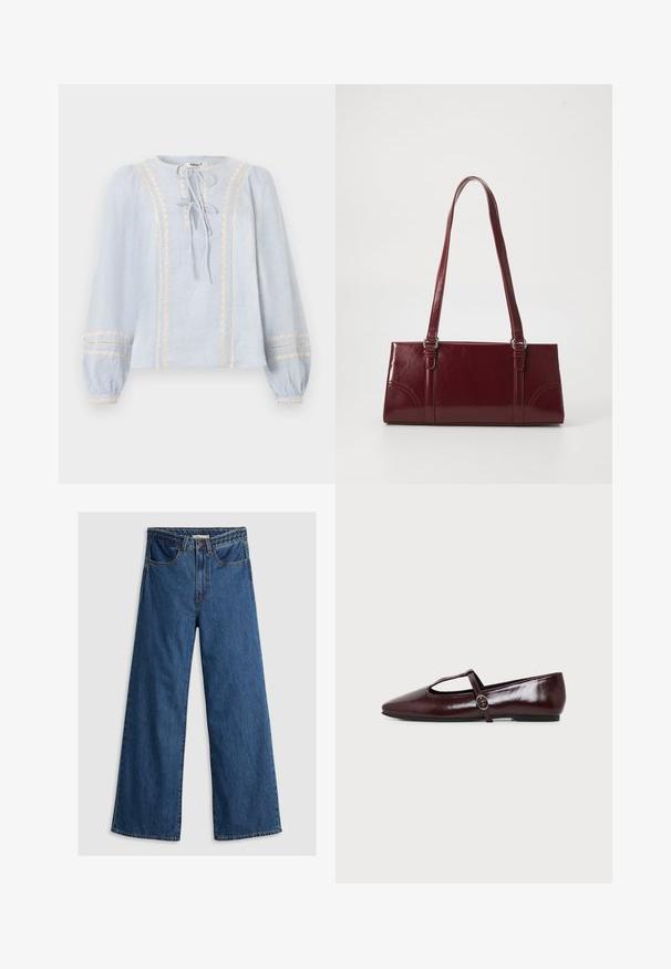 Lichtblauwe blouse met lange mouwen, verticale crèmekleurige kanten bies, twee sluitingen aan de voorkant met strik, en elastische boorden met bijpassende kantdetails.; Wijde blauwe denim jeans met een hoge taille, voorzien van een klassiek vijf-pocket ontwerp en een gestructureerde tailleband.; Donker bordeauxrode leren platte schoen met een puntige neus en een dunne T-strap met een zilveren gesp op een witte achtergrond.; Bourgondische handtas van glanzend materiaal, rechthoekige vorm, met twee schouderbanden en subtiele gebogen accenten aan de voorkant.