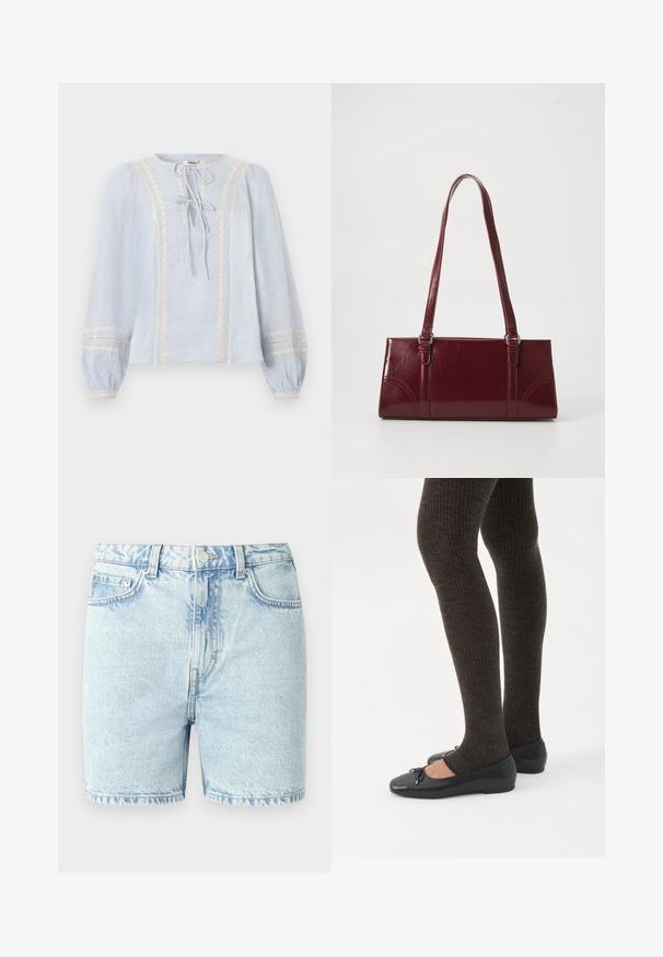 Blouse bleu clair à manches longues avec une bordure en dentelle crème verticale, deux fermetures à nouer à l'avant et des poignets élastiques ornés de dentelle assortie.; Shorts en denim bleu clair avec une coupe classique, dotés d'un design à cinq poches, de coutures cousues et d'une fermeture à bouton.; Jambes portant des leggings côtelés foncés associés à des ballerines noires avec de petits détails en nœud sur fond blanc.; Sac à main bordeaux en matériau brillant, de forme rectangulaire, avec deux anses et des accents légèrement courbés à l'avant.