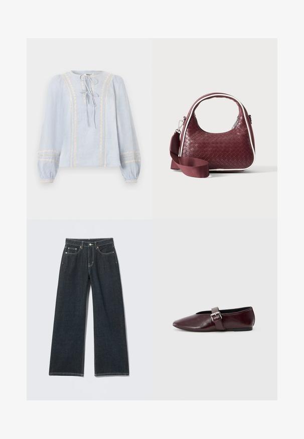 Lichtblauwe blouse met lange mouwen, verticale crèmekleurige kanten bies, twee sluitingen aan de voorkant met strik, en elastische boorden met bijpassende kantdetails.; Donkerblauwe jeans met wijde pijpen, knoopsluiting aan de voorkant, rits, lussens voor riem en vijf zakken, tegen een lichte effen achtergrond.; Bordeaux leren balletschoenen met een puntige neus, een platte zool en een decoratieve gesp over de wreef. Glad, glanzend oppervlak.; Donkerrode geweven leren handtas met gebogen handvat, witte bies, zilveren rits en afneembare brede stoffen schouderriem tegen een effen achtergrond.