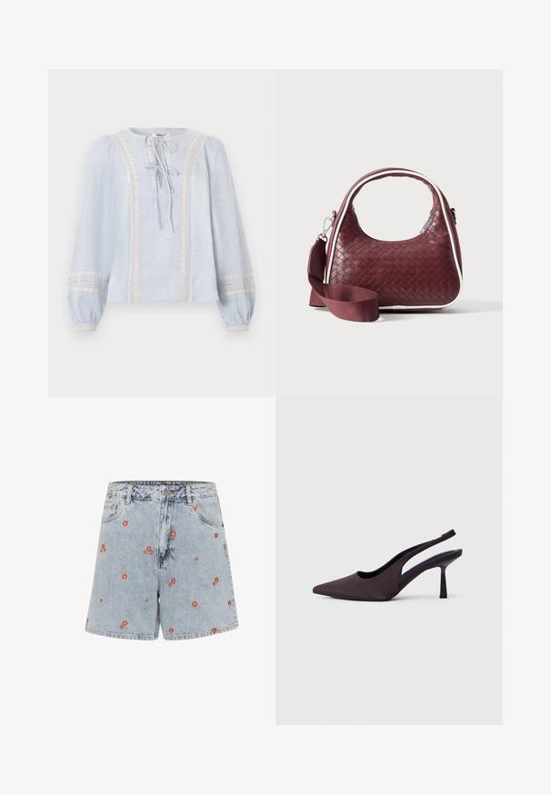 Hellblaue langärmelige Bluse mit vertikaler cremefarbener Spitzenverzierung, zwei vorderen Binderverschlüssen und elastischen Manschetten mit passender Spitzenapplikation.; Hellblaue Jeansshorts mit roter Blumenstickerei. Sie verfügen über eine hohe Taille, Fronttaschen und einen geraden Schnitt.; Slingback-Pumps aus dunkelviolettem Stoff. Spitz zulaufende Zehenkappe, offene Seiten und ein schlanker, quadratischer Absatz. Glatte Textur.; Dunkelrote gewebte Ledertasche mit gebogenem Griff, weißem Besatz, silbernem Reißverschluss und abnehmbarem breitem Stoff-Schulterriemen vor einfarbigem Hintergrund.