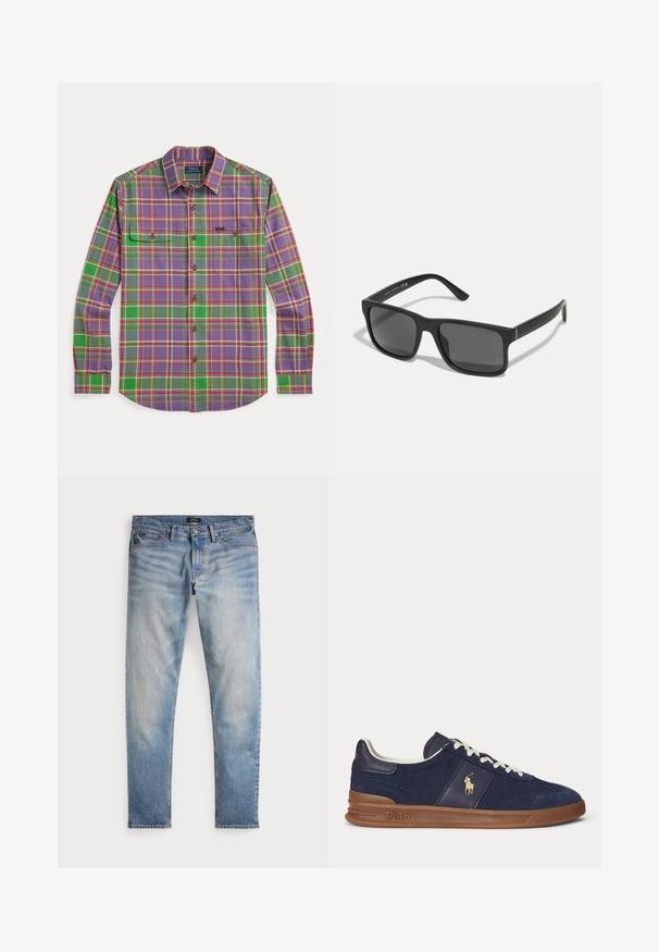 Langærmet skjorte med knapper, med grøn og lilla ternet mønster, to brystlommer og en krave, lagt fladt på en hvid baggrund.; Lys blå denimjeans med en falmet finish, fem-lomme design og kontraststing. Har lynlås og bæltesløjfer. Lige pasform.; Mørkeblå lavtopsneaker med hvide snørebånd, brun sål og Polo-spiller logo på siden, set fra venstre.; Sorte rektangulære solbriller med mørke linser og mat finish. Har et præget "POLO"-logo på stængerne og et robust rammedesign.