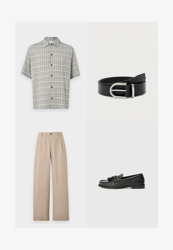 Camisa de manga corta con estampado a cuadros en gris claro y blanco y botones negros, presentada sobre un fondo blanco.; Pantalones de pierna ancha en color beige con un acabado texturizado, que cuentan con pliegues y una cinturilla elástica, asegurada por un botón de bronce en la parte delantera.; Mocasines de cuero negro con punta redondeada, borlas decorativas y un diseño cosido. Suela plana con una sutil marca en el lateral.; Cinturón de cuero negro con una textura suave, que presenta una hebilla de metal plateado y una forma rectangular clásica.