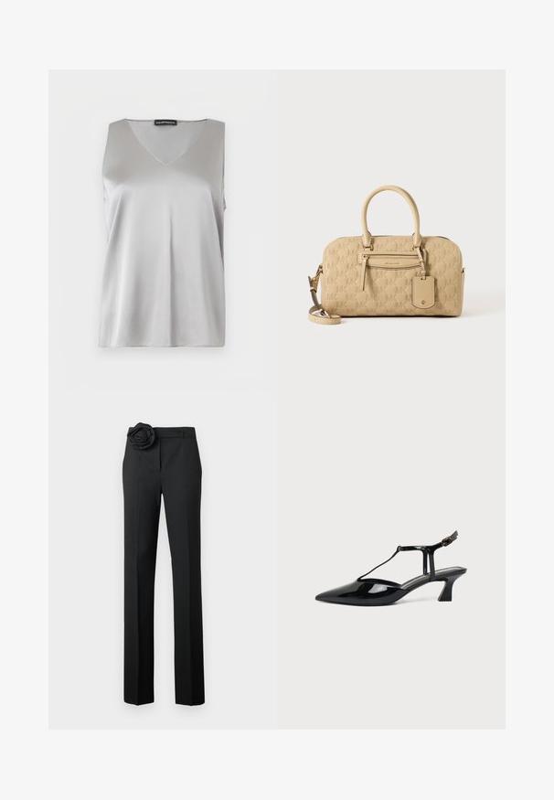 Haut sans manches en satin argenté avec col en V et étiquette Emporio Armani sur fond blanc.; Pantalon noir à coupe ajustée, avec un accent en rose en tissu à la taille, jambes droites et texture lisse.; Chaussure slingback en cuir verni noir à bout pointu avec bride en T et petit talon bloc incliné sur fond blanc.; Sac à main beige Michael Kors avec motif MK embossé, doubles poignées, poche avant zippée et bandoulière amovible sur fond blanc.