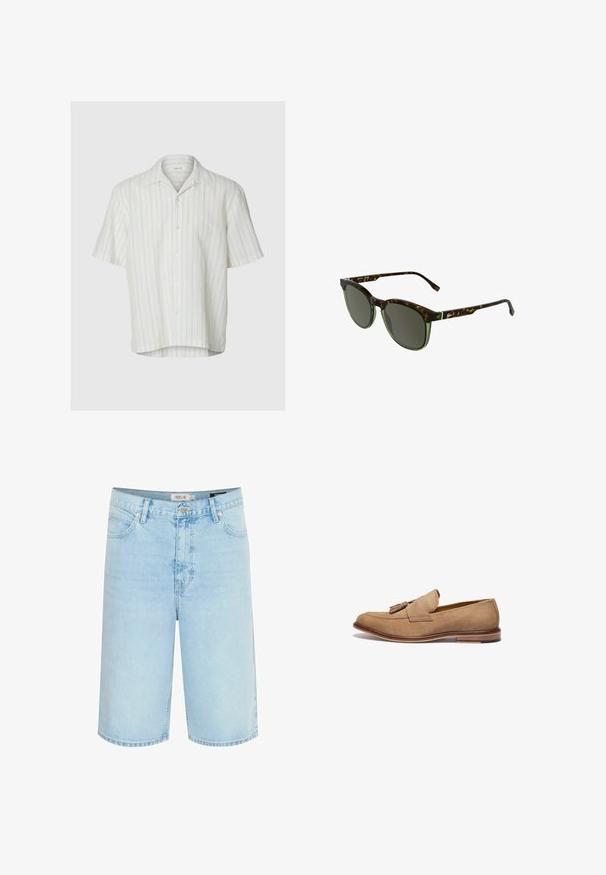 Hvid kortærmet skjorte med knapper og blød krave samt tynde lodrette beige striber, vist på en ensfarvet baggrund.; Lyseblå denimshorts med afslappet pasform, fem-lomme design, enkelt knaplukning og kontrastsyninger langs sømmene.; Tan ruskinds loafers med frynse detaljer, rund tå og kontrasterende brun hæl. Glat tekstur og enkle stikninger.; Solbriller med skildpaddeprint og grå linser, med en grønlig ramme og metalaccents. Rund form med tykke, teksturerede stænger.