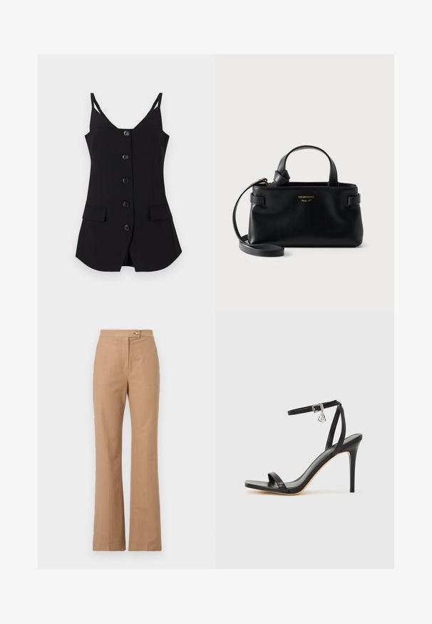 Top sans manches noir avec un décolleté en V, six boutons sur le devant, deux poches latérales et des bretelles texturées. Tissu lisse avec une coupe ajustée.; Pantalons beiges ajustés avec une silhouette évasée, fabriqués dans un tissu lisse, comportant une fermeture à bouton sur le devant et deux poches latérales.; Sandale à talon haut noire avec une bride étroite à la cheville, bout carré, cuir lisse et accent de boucle métallique.; Sac à main en cuir noir Emporio Armani avec deux anses, bandoulière amovible et logo doré sur le devant.