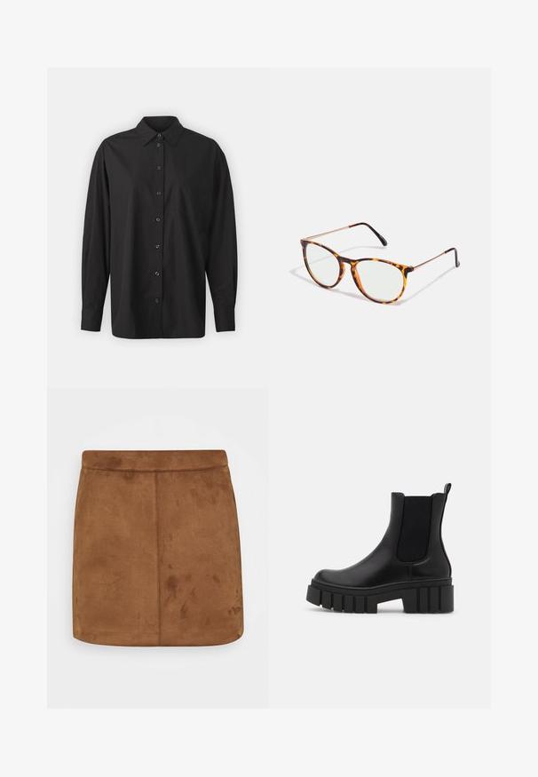 GAP THE BIG SHIRT - Skjortebluser - black; Brun ruskinds mini-skirt med en glat tekstur, lige snit og en sømløs talje, der har et minimalistisk design uden mønstre eller udsmykninger.; Sort læder Chelsea-støvle med tyk, ribbet platformsål og elastiske sidesektioner, vist mod en ensfarvet lys baggrund.; Skildpaddeskals solbriller med rundede linser, letvægts metalarme og diskrete grønne linser. Rammerne har en struktureret finish.