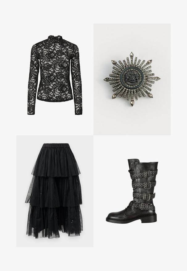 Top de encaje negro de manga larga con cuello alto y ribete con volantes, patrones florales y una textura transparente. Diseñado para un ajuste ceñido.; Falda de tul negro en capas con cinturilla elástica y un diseño en cascada con longitudes variables y sutiles toques de purpurina.; Bota de cuero negro hasta la rodilla con múltiples hebillas y ojetes plateados, con punta redonda y un tacón bajo en bloque. Acabado texturizado.; Broche en forma de estrella en metal de tono plateado con rhinestones transparentes. El diseño central presenta un emblema circular con un detallado intrincado.