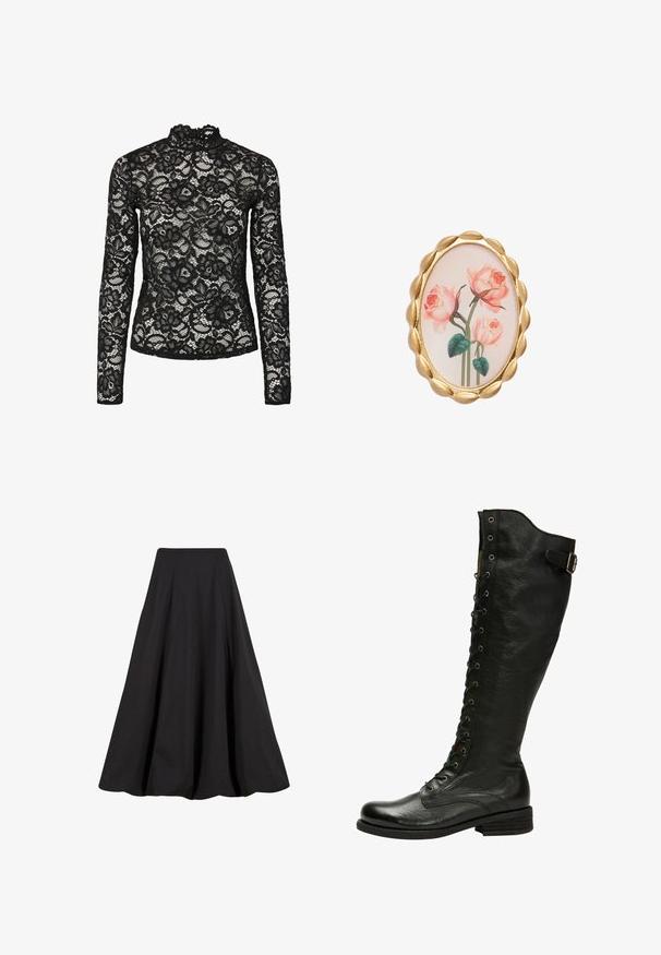 Schwarzes Spitzenoberteil mit langen Ärmeln, hohem Kragen mit Rüschensaum, floralen Mustern und transparenter Textur. Entworfen für eine figurbetonte Silhouette.; Schwarzer, knöchellanger Rock aus glattem Stoff, mit Falten und hoher Taille. Das Design bietet eine fließende Silhouette und reichlich Volumen.; Schwarze Leder-Knöchelstiefel mit Schnürung vorne, silbernen Ösen und seitlichem Schnallenverschluss. Verfügt über eine strukturierte Oberfläche und einen gestapelten Absatz.; Ovales Broschen mit einem goldfarbenen gewellten Rand, der ein Blumenmuster von pinken Rosen auf hellem Hintergrund zeigt. Glatte Textur und detaillierte Grafiken.