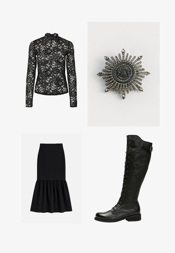 Top de encaje negro de manga larga con cuello alto y ribete con volantes, patrones florales y una textura transparente. Diseñado para un ajuste ceñido.; Falda midi negra confeccionada en tela elástica, con cintura ajustada y parte inferior acampanada con pliegues y textura suave.; Bota de cuero negro hasta la rodilla con cordones en el frente, ojales de plata y hebilla lateral. Presenta un acabado texturizado y tacón apilado.; Broche en forma de estrella en metal de tono plateado con rhinestones transparentes. El diseño central presenta un emblema circular con un detallado intrincado.