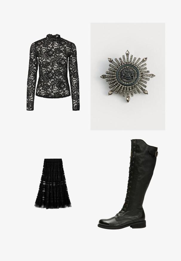 Haut en dentelle noire à manches longues avec col haut agrémenté d'une bordure à volants, motifs floraux et texture transparente. Conçu pour un ajustement près du corps.; Jupe en dentelle noire à volants avec ceinture élastique comportant un texte de logo subtil embossé sur la bande.; Botte en cuir noir hauteur genou avec un laçage à l'avant, œillets en métal argenté et boucle sur le côté. Présente une finition texturée et un talon empilé.; Broche en forme d'étoile en métal argenté avec des strass clairs. Le design central présente un emblème circulaire avec des détails délicats.