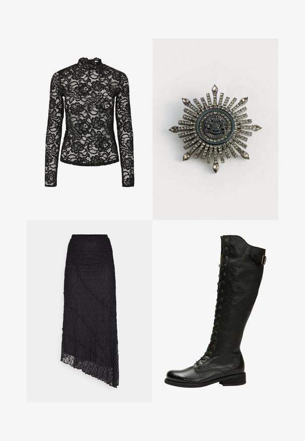 Zwarte kant lange mouwen top met een hoge nek en gerimpelde afwerking, bloemmotieven en een doorschijnende textuur. Ontworpen voor een aansluitende silhouet.; ONLY ONLKIM SLIT - Maxirok - black; Zwarte leren kniehoog laars met vetersluiting aan de voorkant, zilveren oogjes en een bucklet aan de zijkant. Heeft een gestructureerde afwerking en een gestapelde hak.; Stervormige broche van zilverkleurig metaal met transparante rhinestones. Het centrale ontwerp heeft een ronde embleem met complexe details.